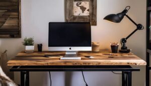 electric standing desks with rustic wood