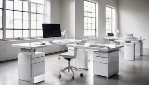electric standing desks with white drawers